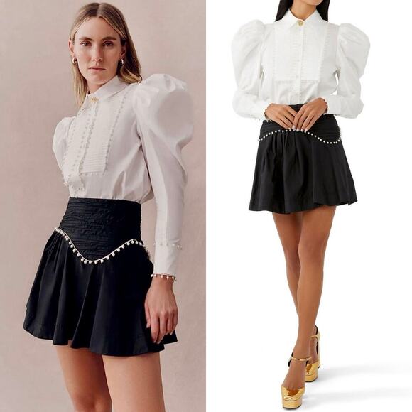 Aje Florence Pearl Trim Pleated Mini Skirt Black Size 4 A-Line Poplin Cotton - Picture 1 of 10
